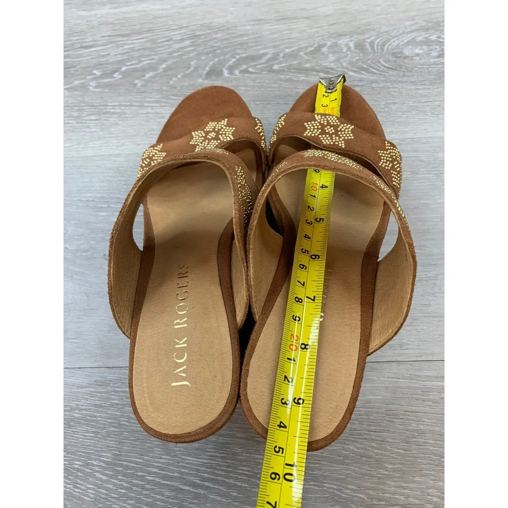 Jack Rogers Brown Suede Studded Scalloped Platform Wedge Sandals Casual Shoes
